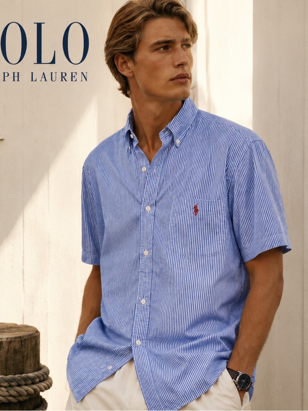 Polo by Ralph Lauren Pinstripe Seersucker Short-Sleeve Button-Down Shirt Medium